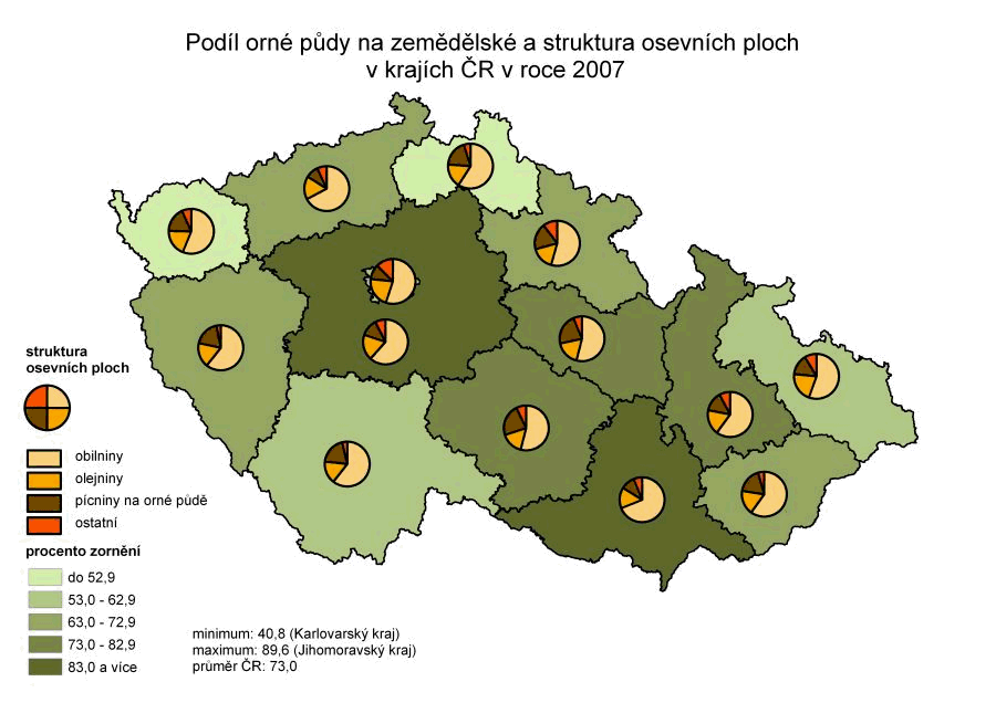 Kartogram 20. Podíl orné půdy na zemědělské a struktura osevních ploch v krajích ČR v roce 2007